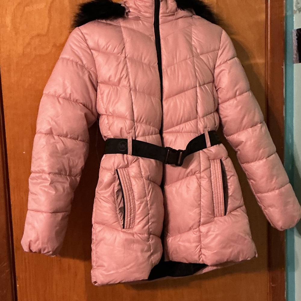 Michael Kors Light Pink Quilted Puffer Jacket with Black Belt KIDS